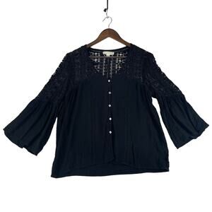 LOVESTITCH Women's Blouse Medium Black Crochet Lace Yoke Button Front EUC
